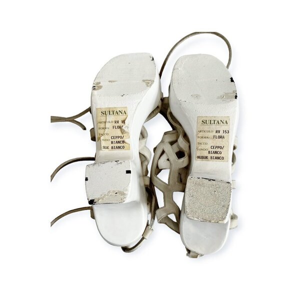 Vintage 80s Roger Vivier Caged Sandals on Platform Wedge, Off White Nubuk - Picture 9 of 16